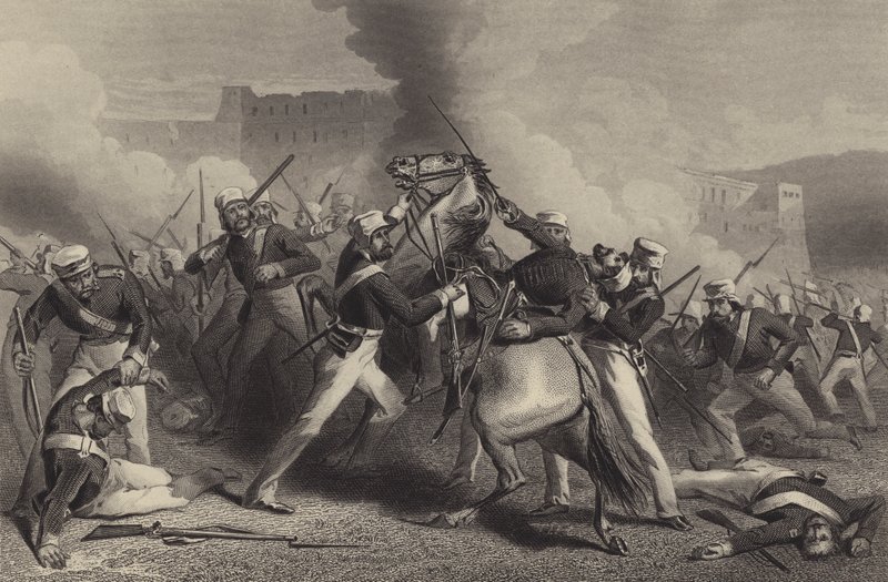 Der Tod von Brigadegeneral Adrian Hope beim Angriff auf das Fort von Roodamow von English School