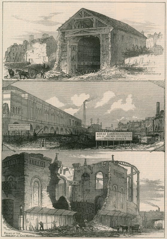 Abrisse für die Erweiterungen der Great Eastern Railway nach Broad Street von English School