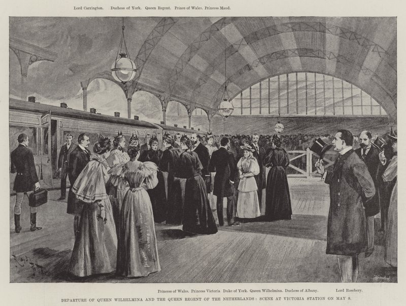 Abreise von Königin Wilhelmina und der Königin-Regentin der Niederlande, Szene am Victoria-Bahnhof am 9. Mai von English School