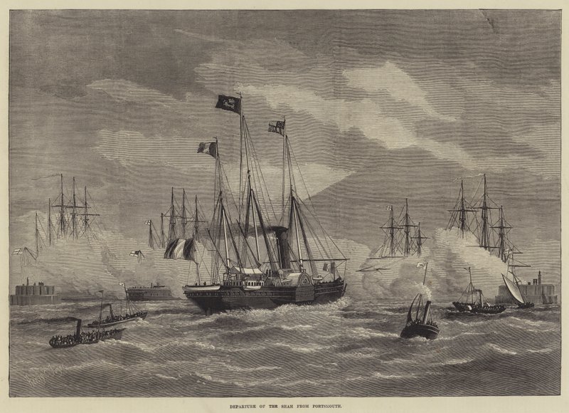 Abreise des Schahs aus Portsmouth (Stich) von English School