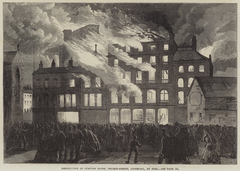 Zerstörung des Compton House, Church-Street, Liverpool, durch Feuer (Stich) von English School