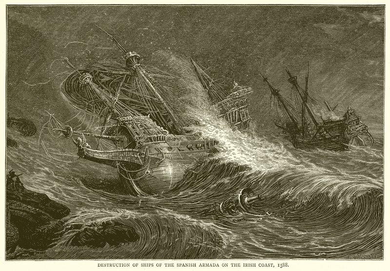 Zerstörung von Schiffen der spanischen Armada an der irischen Küste, 1588 von English School