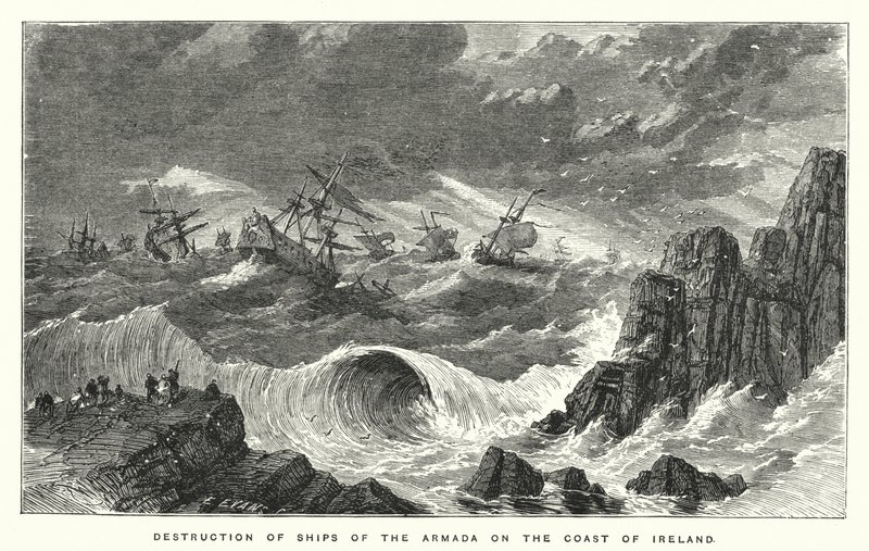 Zerstörung von Schiffen der Armada an der Küste Irlands (Stich) von English School