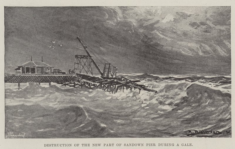 Zerstörung des neuen Teils des Sandown-Piers während eines Sturms (Gravur) von English School