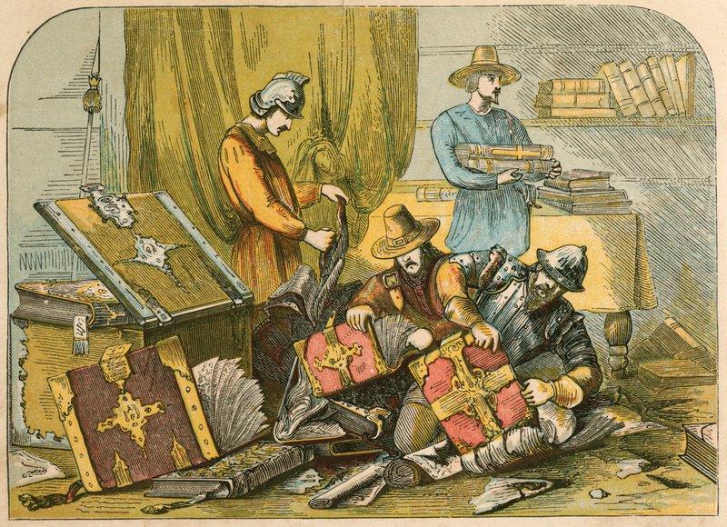 Zerstörung der Manuskripte und Messbücher in Oxford während der Herrschaft von Edward VI von English School