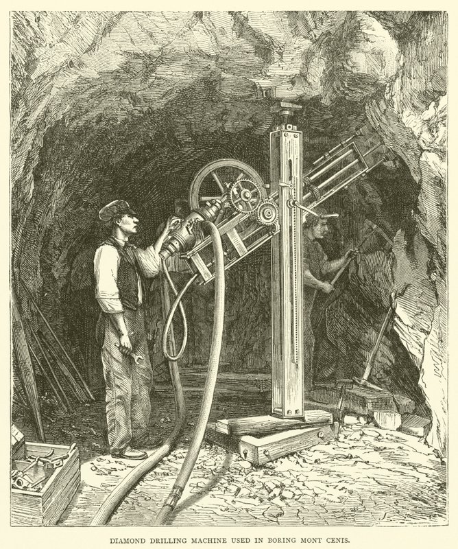 Diamantbohrmaschine, die beim Bohren des Mont Cenis verwendet wird (Stich) von English School