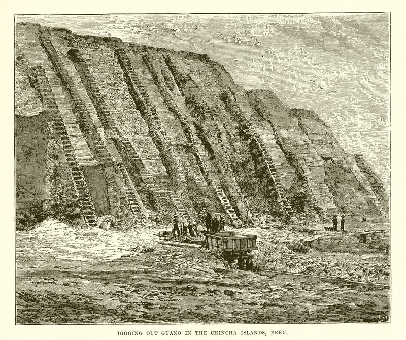 Guano ausgraben auf den Chincha-Inseln, Peru von English School