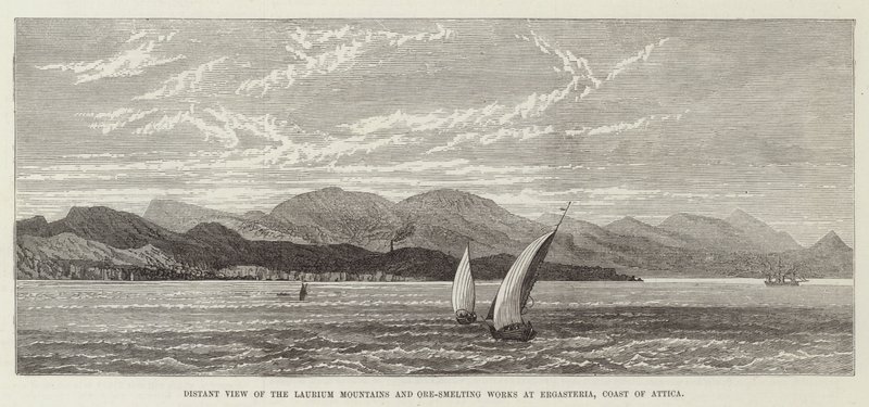 Fernsicht auf die Laurium-Berge und Erzschmelzwerke bei Ergasteria, Küste von Attika (Stich) von English School