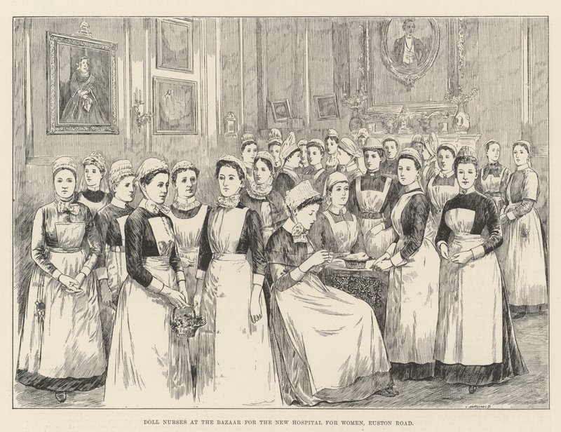Puppenkrankenschwestern auf dem Basar für das neue Krankenhaus für Frauen, Euston Road (Stich) von English School