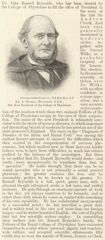 Dr. J. Russell Reynolds, FRS, der neue Präsident des College of Physicians von English School