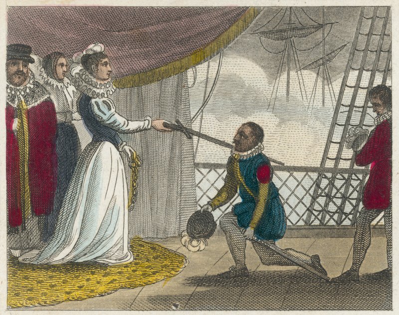 Drake wird an Bord seines Schiffes zum Ritter geschlagen (kolorierter Stich) von English School
