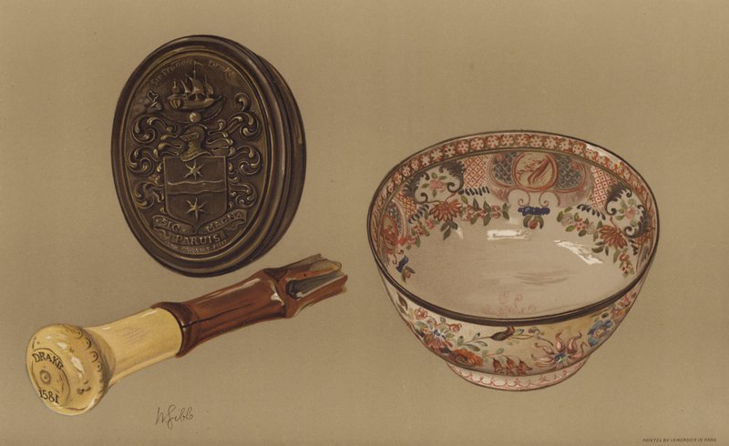 Drakes Spazierstock und die Punschschale von Kapitän Cook (Chromolitho) von English School