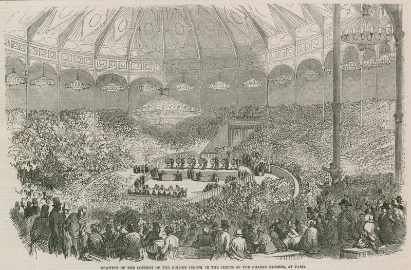 Ziehung der Lotterie des Goldenen Barren im Zirkus der Champs Elysees, Paris, Frankreich von English School