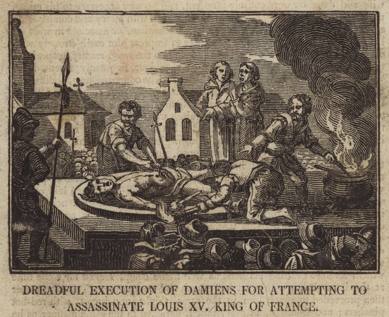 Schreckliche Hinrichtung von Damiens für den Versuch, Ludwig XV., König von Frankreich, zu ermorden von English School