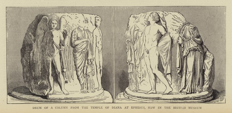 Trommel einer Säule aus dem Tempel der Diana in Ephesus, jetzt im British Museum (Stich) von English School