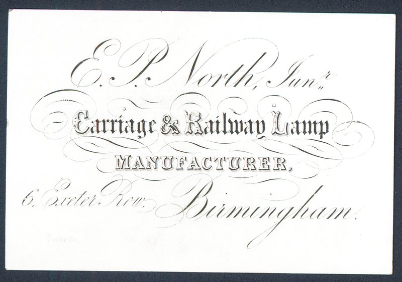 E P North, Junior, Hersteller von Kutschen- und Eisenbahnlampen, Visitenkarte von English School