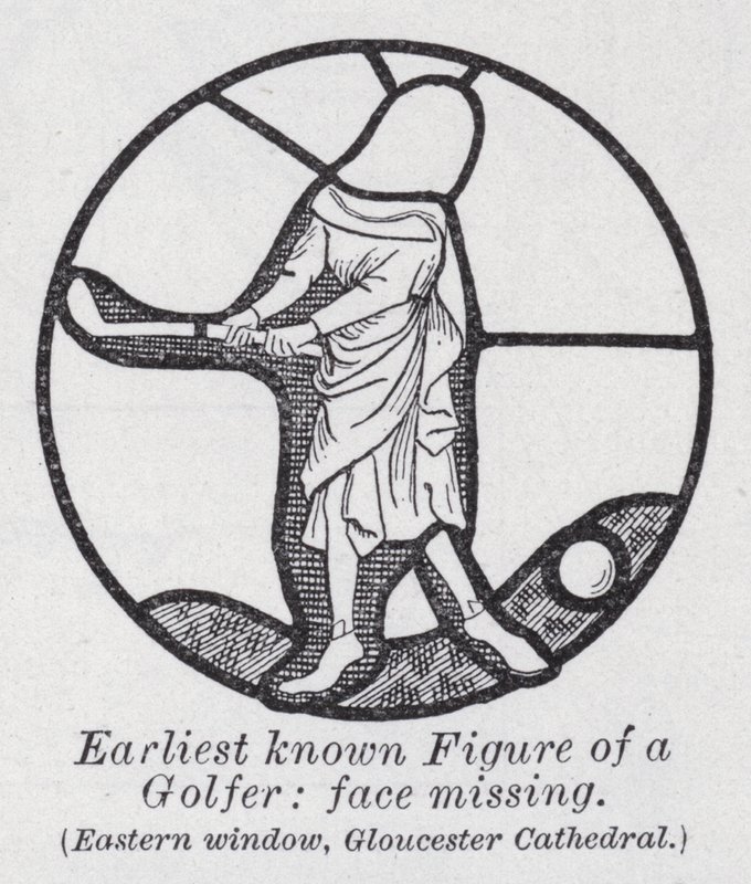 Früheste bekannte Figur eines Golfspielers, Gesicht fehlt, Ostfenster, Gloucester Cathedral von English School