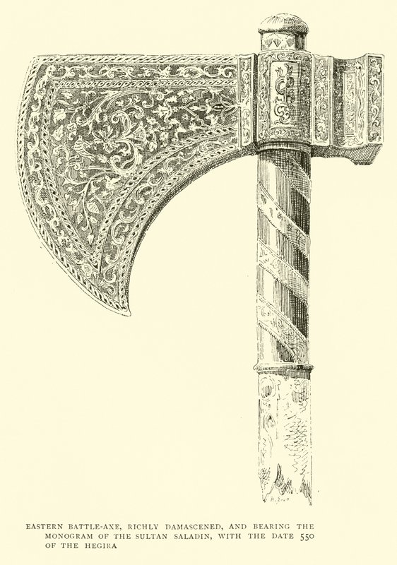 Östliche Streitaxt, reich damasziert, mit dem Monogramm des Sultans Saladin und dem Datum 550 der Hidschra von English School