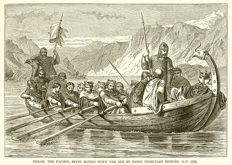 Edgar, der Friedliche, wird von acht tributpflichtigen Fürsten den Dee hinuntergerudert, 959 n. Chr. von English School