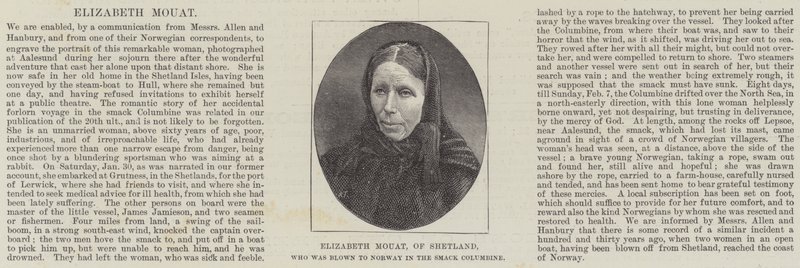 Elizabeth Mouat, von Shetland, die in der Smack Columbine nach Norwegen geweht wurde (Gravur) von English School