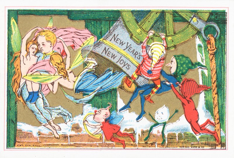 Elfen und Engel feiern Neujahr, Neujahrskarte von English School