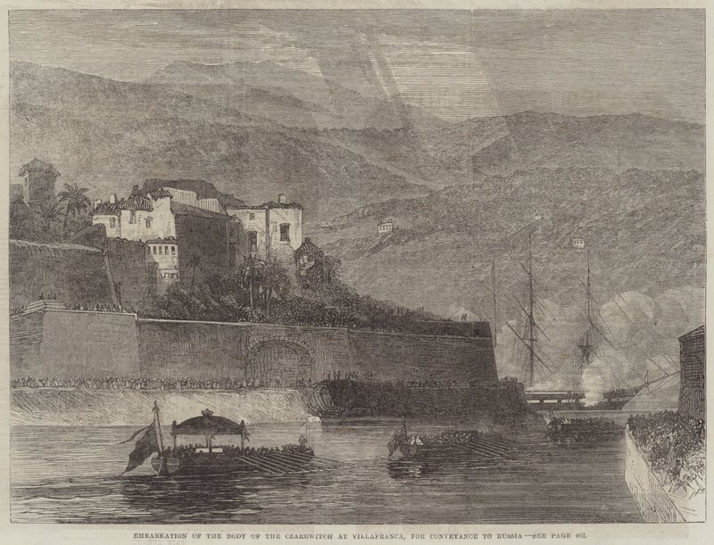 Einschiffung des Leichnams des Zarewitsch in Villafranca zur Überführung nach Russland (Stich) von English School
