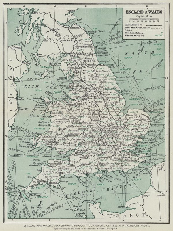 England und Wales, Karte mit Produkten, Handelszentren und Transportwegen von English School