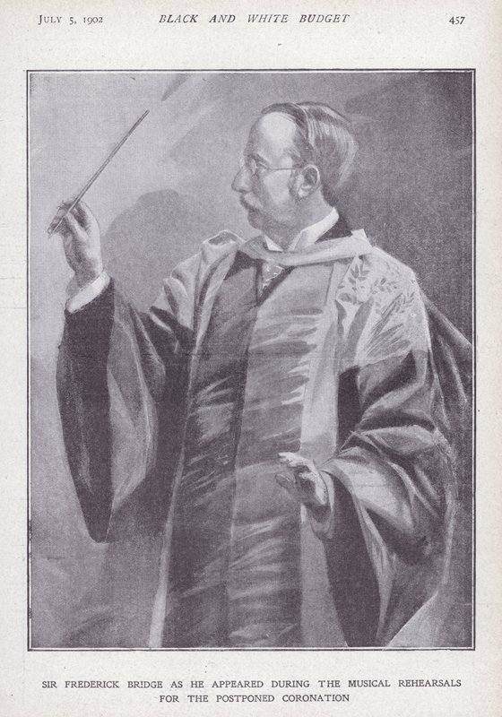 Der englische Komponist, Organist und Dirigent Sir Frederick Bridge probt für die verschobene Krönung von König Edward VII. von English School