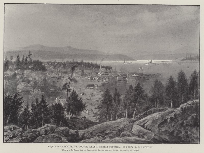 Esquimalt-Hafen, Vancouver Island, British Columbia, unsere neue Marinebasis (Gravur) von English School