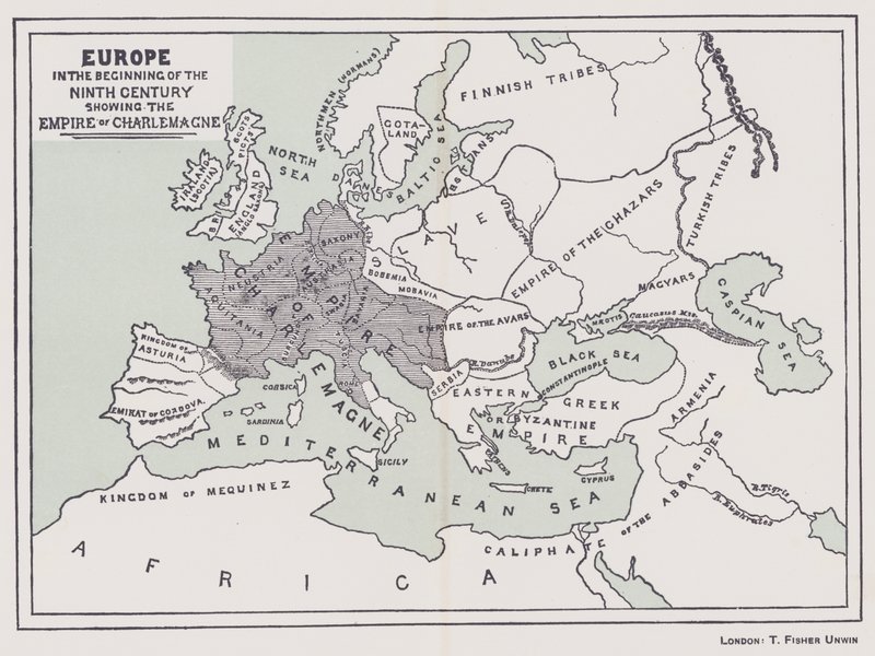 Europa zu Beginn des neunten Jahrhunderts, zeigt das Reich Karls des Großen (Farblithografie) von English School