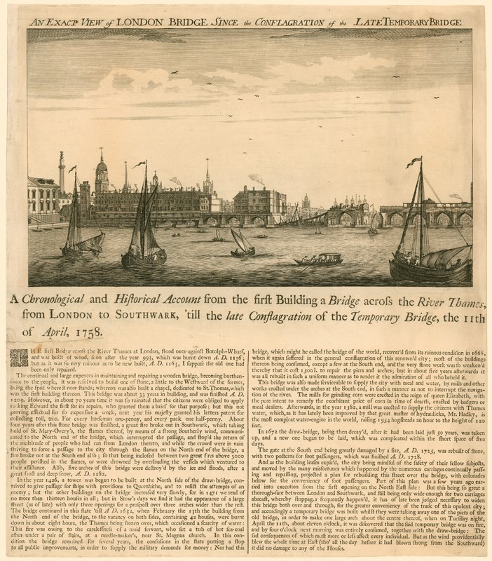 Genauer Blick auf die London Bridge nach dem Brand der provisorischen Brücke, 11. April 1758 von English School