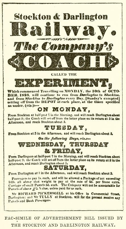 Faksimile der Werbeanzeige, die von der Stockton and Darlington Railway herausgegeben wurde von English School