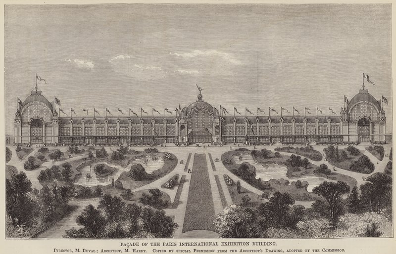 Fassade des Pariser Internationalen Ausstellungsgebäudes (Stich) von English School