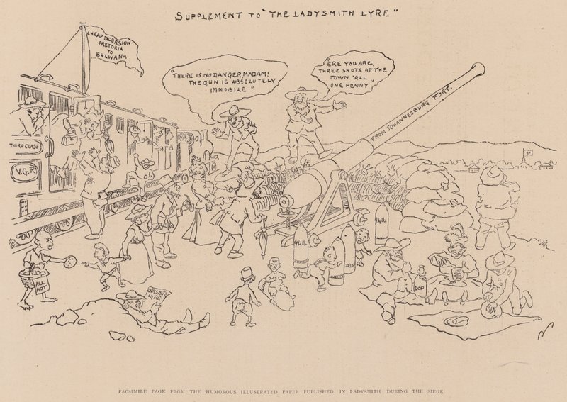 Faksimile-Seite aus der humorvollen illustrierten Zeitung, veröffentlicht in Ladysmith während der Belagerung (Lithografie) von English School