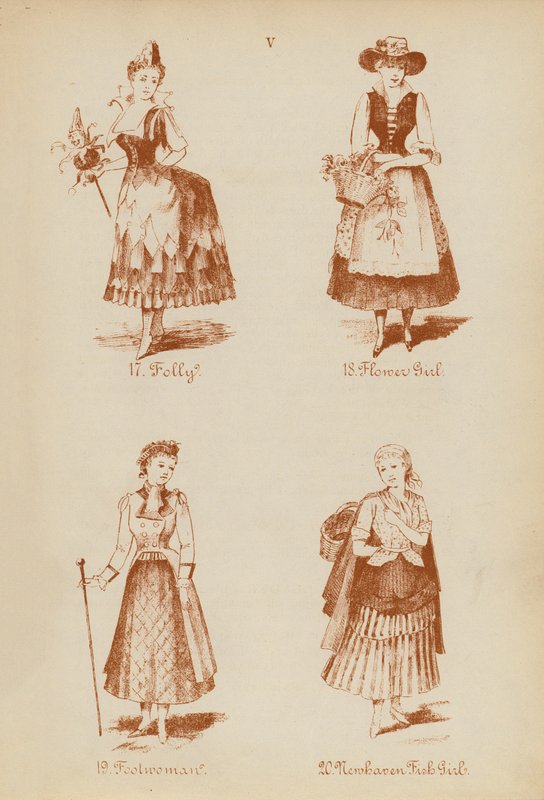 Kostüme: Narr, Blumenmädchen, Närrin, Newhaven Fischmädchen von English School