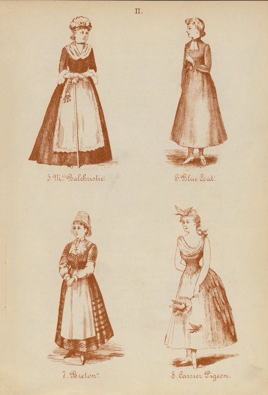 Kostüme: Mrs. Balchristie, Blauer Mantel, Bretone, Brieftaube (Lithografie) von English School