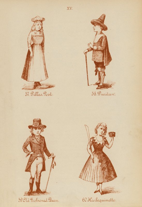 Kostüme: Säulenpost, Puritaner, Altmodische Bohne, Harlequinette von English School