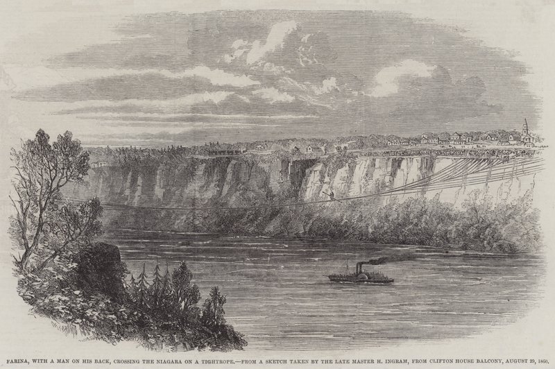 Farina, mit einem Mann auf dem Rücken, überquert den Niagara auf einem Drahtseil, vom Balkon des Clifton House, 29. August 1860 (Stich) von English School