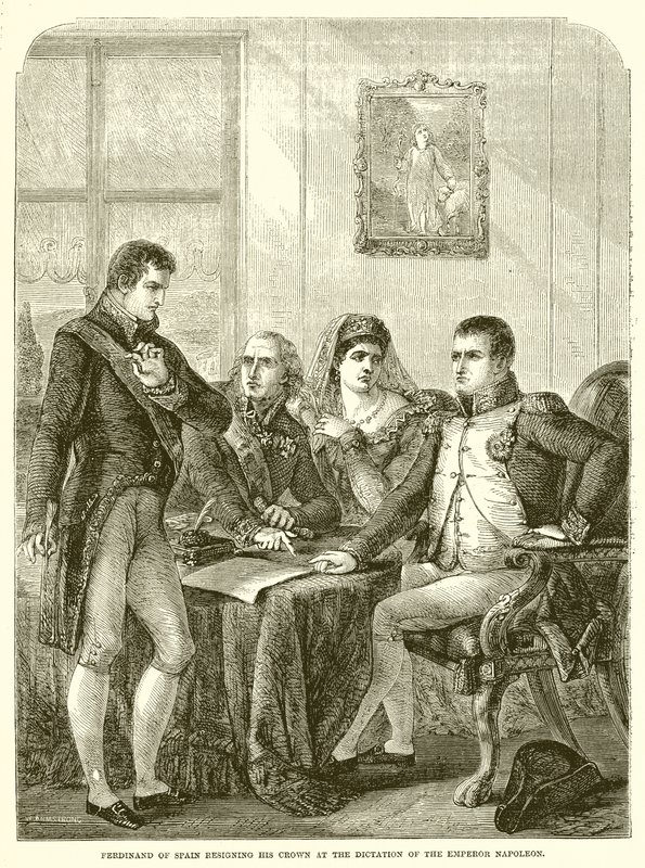 Ferdinand von Spanien tritt auf Diktat von Kaiser Napoleon seine Krone ab von English School