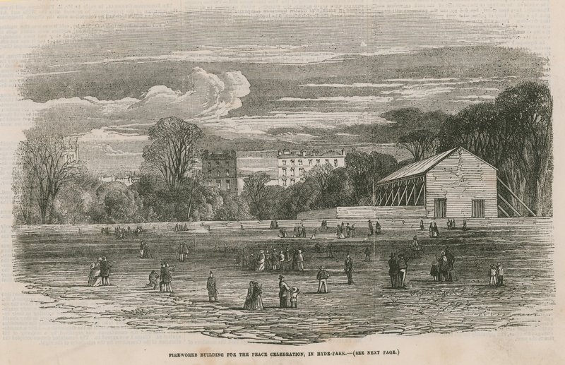 Feuerwerksgebäude für die Friedensfeier im Hyde Park, London von English School