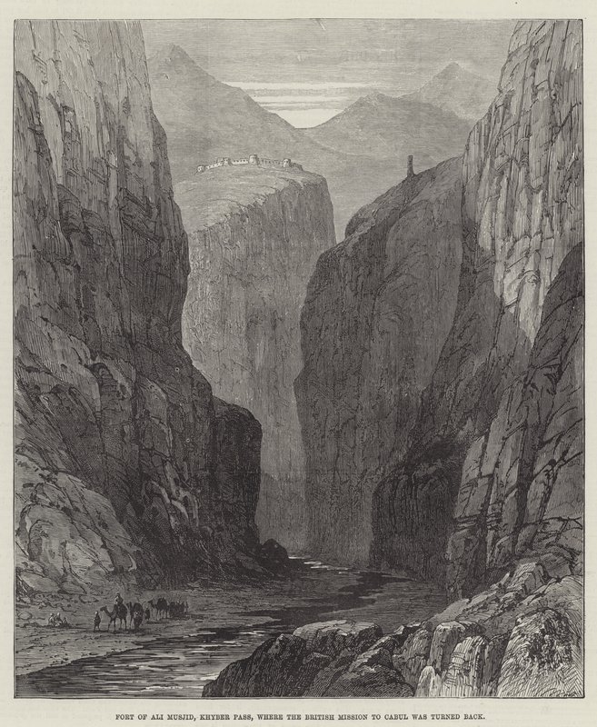 Fort von Ali Musjid, Khyber-Pass, wo die britische Mission nach Kabul zurückgewiesen wurde (Stich) von English School