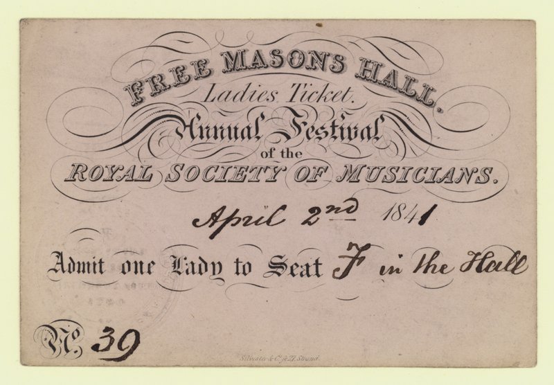 Freimaurerhalle, Damenkarte, Jahresfest, Royal Society of Musicians, 2. April 1841 von English School