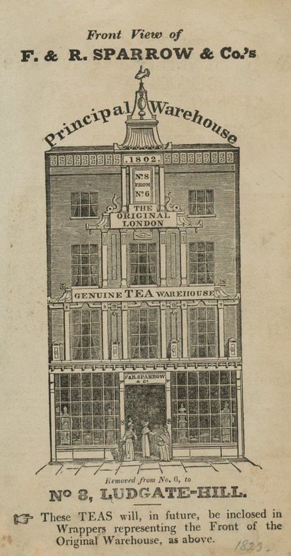 Frontansicht des Lagerhauses von Fred & Robert Sparrow & Co am Ludgate Hill von English School
