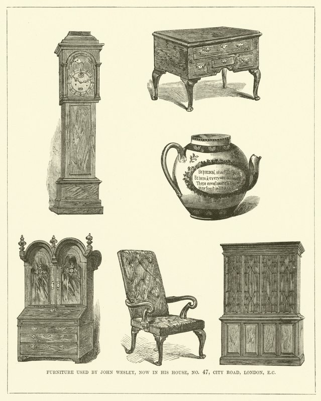 Möbel von John Wesley, jetzt in seinem Haus, Nr. 47, City Road, London, EC (Gravur) von English School