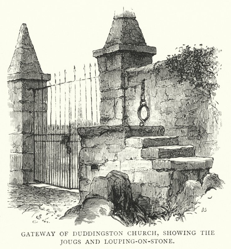 Tor der Duddingston Kirche, mit den Jougs und Louping-on-Stein (Stich) von English School
