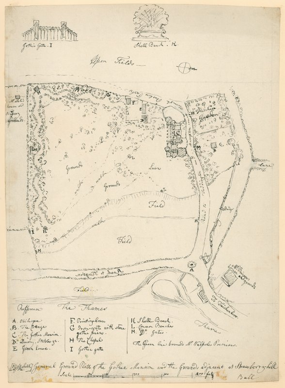 Allgemeiner Grundriss des gotischen Herrenhauses und der angrenzenden Grundstücke in Strawberry Hill, Twickenham, London von English School