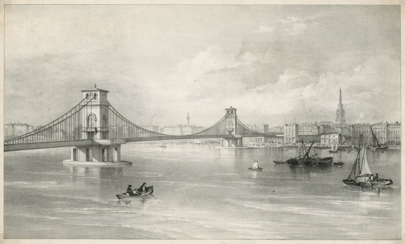 Gesamtansicht der Hungerford und Lambeth Hängebrücke von English School