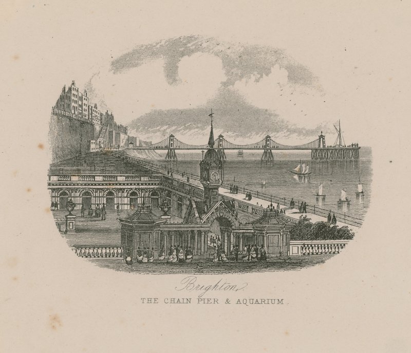 Allgemeine Ansicht der Hängebrücke und des Aquariums an der Küste von Brighton von English School
