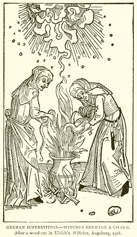Deutscher Aberglaube--Hexen brauen einen Zauber. Nach einem Holzschnitt in Ulrichs Hexen, Augsburg, 1508 von English School