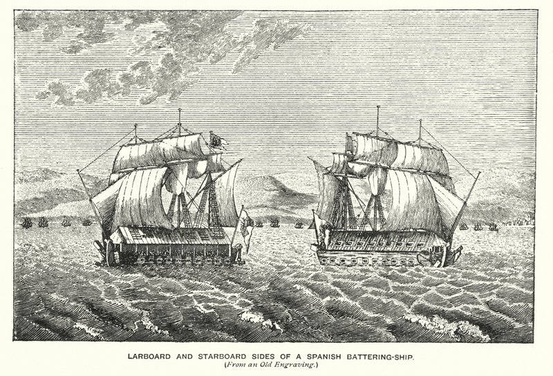 Gibraltar: Backbord- und Steuerbordseite eines spanischen Bombenschiffs (Stich) von English School